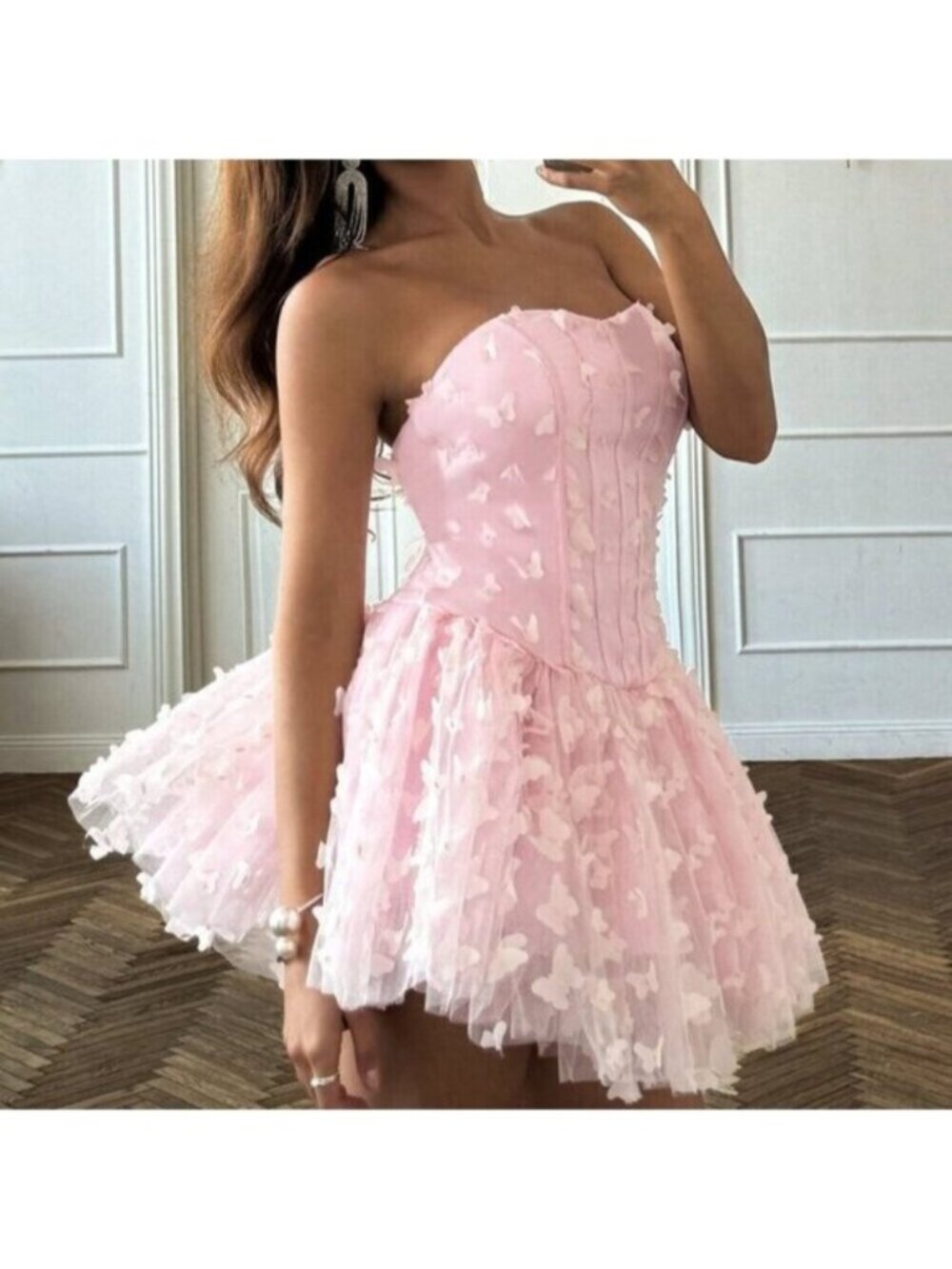 Pink Elegant Women's Cute & Sexy 3d Butterfly Decor Puff Dress